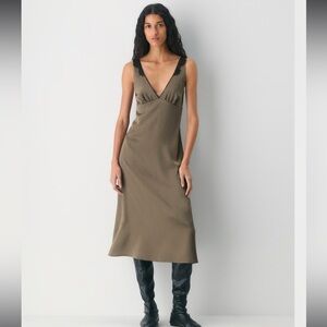 Aritzia Wilfred Taupe Pavilion Satin Sleeveless Dress with Black Lace | 6